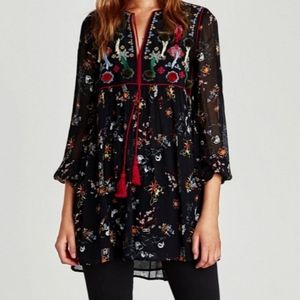 Zara Embroidered Floral Pom Pom Tassel Mini Dress/Tunic Size S